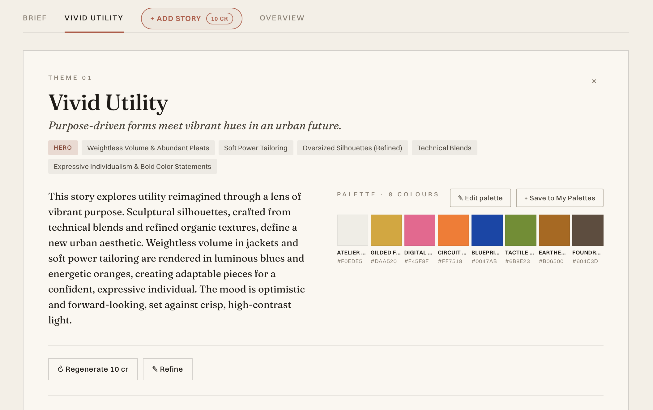 A brief decomposed into themed stories with palettes
