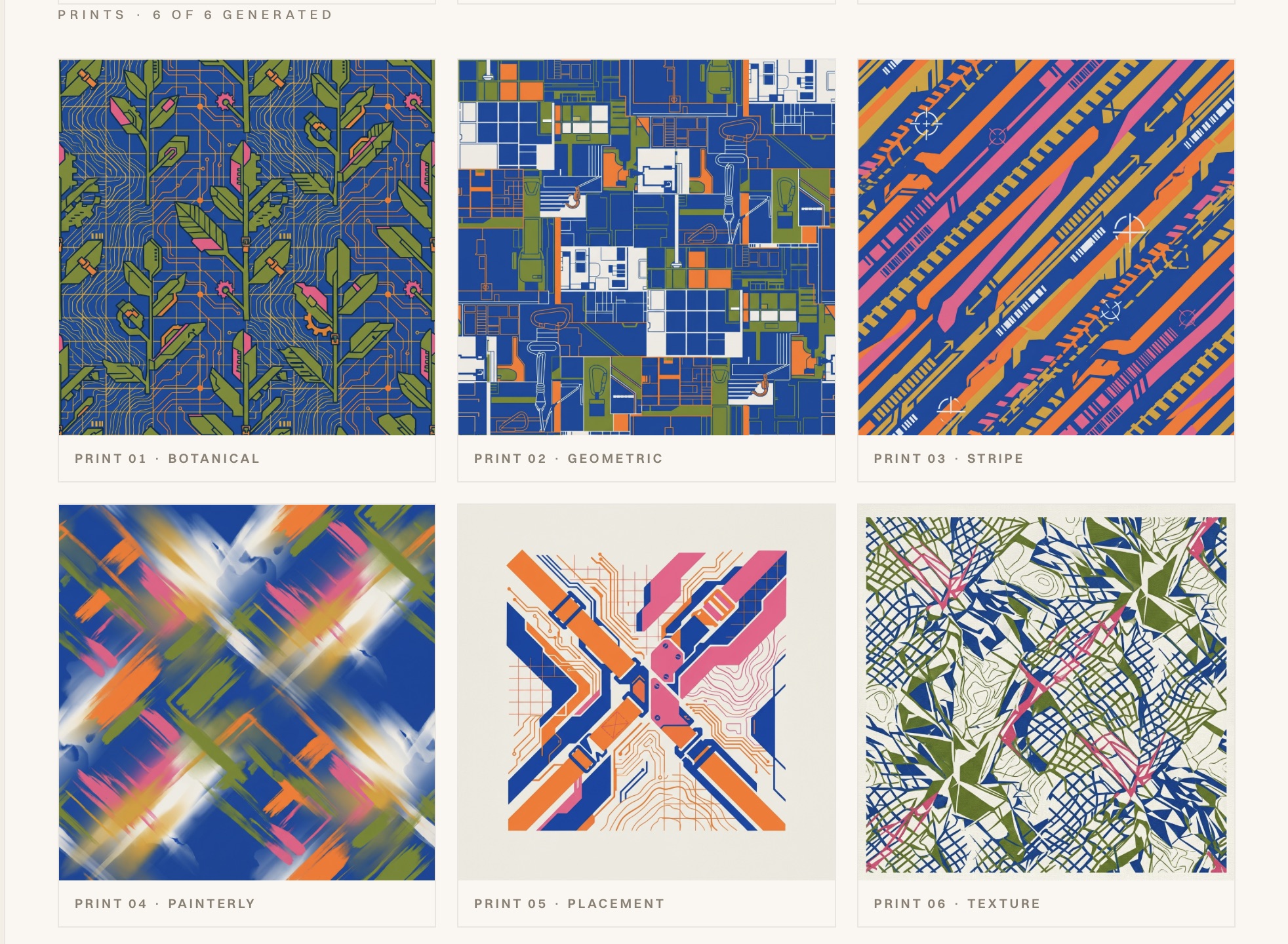Six AI textile prints for the same story