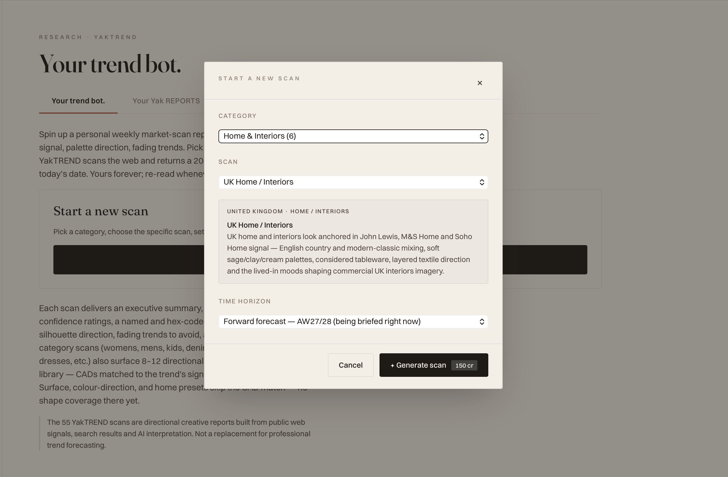 The YakTREND panel — 55 research scans grouped into 9 categories